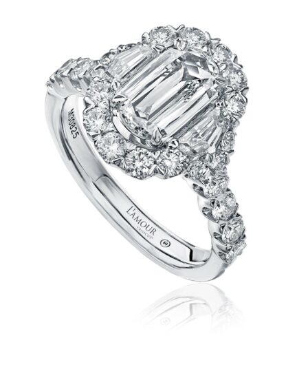 Unique engagement ring with halo and side diamonds