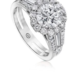 Classic Halo Engagement Ring Setting with Tapered Baguettes and Round Diamonds