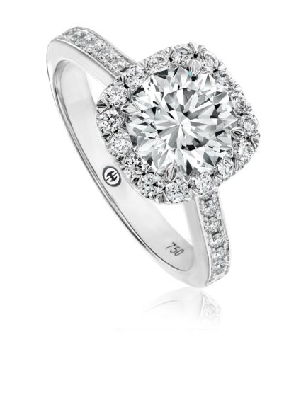 Traditional halo engagement ring setting with round diamonds