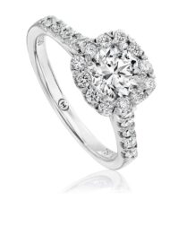 Halo engagement ring setting with round diamond band