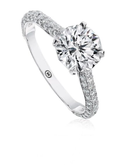 Traditional solitaire engagement ring setting with pave set round diamond band