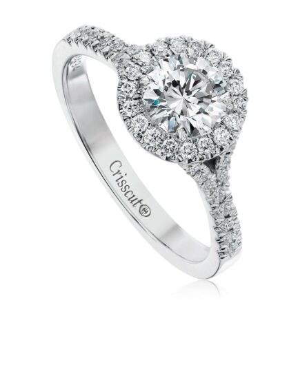 Simple engagement ring setting with a halo and pave set split shank