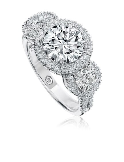 Traditional 3 stone diamond halo engagement ring setting