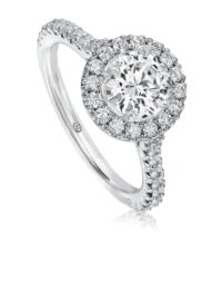 Classic round diamond halo engagement ring setting with pave set diamond band