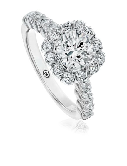 Classic halo engagement ring setting with round diamond band in white gold