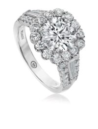 Classic round diamond halo engagement ring setting with tapered baguette and round diamond band