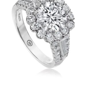 Classic Round Diamond Halo Engagement Ring Setting with Tapered Baguette and Round Diamond Band