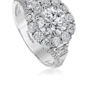 Round Diamond Halo Engagement Ring Setting with Trapezoid Cut Side Diamonds