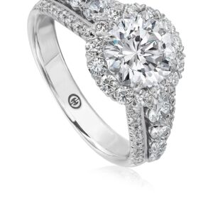 Round Diamond Engagement Ring Setting with Halo and 3 Row Diamond Band