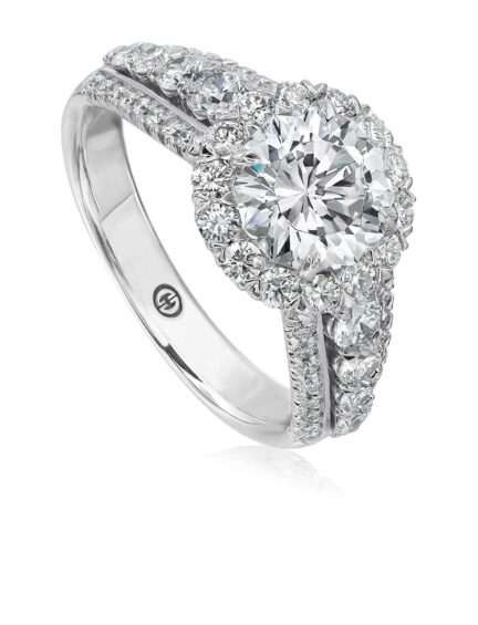 Round diamond engagement ring setting with halo and 3 row diamond band