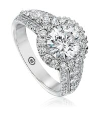 White gold round diamond engagement ring setting with halo and 3 row diamond band