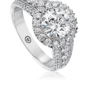 White Gold Round Diamond Engagement Ring Setting with Halo and 3 Row Diamond Band