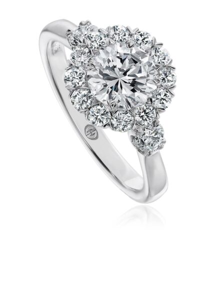 Halo engagement ring setting with 2 round side diamonds