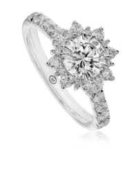 Floral halo engagement ring setting with round diamond band