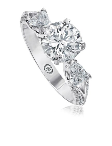 Solitaire engagement ring in unique setting with trillion cut diamond sides and round diamonds