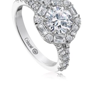 Unique Baguette and Round Diamond Halo Engagement Ring