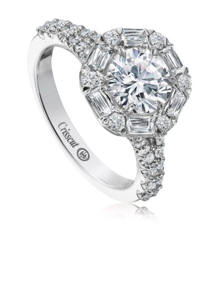 Unique baguette and round diamond halo engagement ring