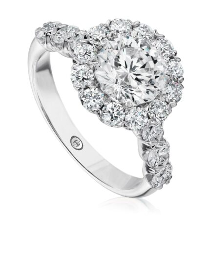 Classic round diamond halo engagement ring setting with diamond band