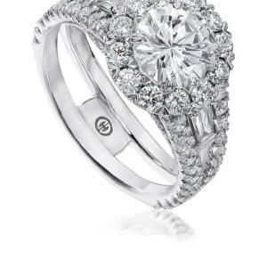 White Gold Halo Engagement Ring with Tapered Baguette Sides and Round Diamonds