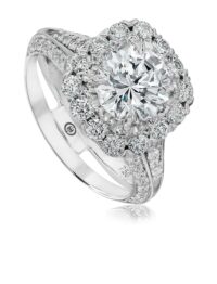 Halo engagement ring setting with round diamond design band