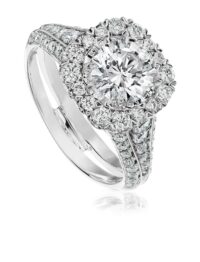 Classic round diamond halo engagement ring setting with 3 row diamond band