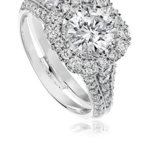 Classic Round Diamond Halo Engagement Ring Setting with 3 Row Diamond Band