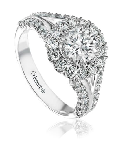 Unique halo round diamond engagement ring setting with round diamond band