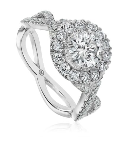 Elegant halo diamond engagement ring setting with unique twist band