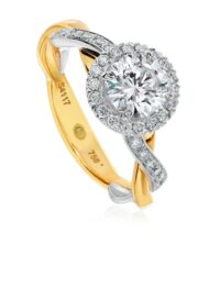 Unique halo engagement ring with setting with two toned gold twist band