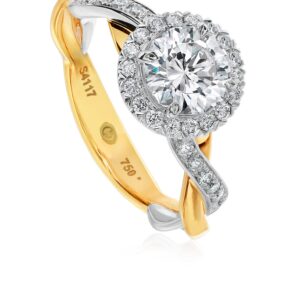 Unique Halo Engagement Ring with Setting with Two Toned Gold Twist Band