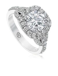 Unique engagement ring setting with pave set round diamonds