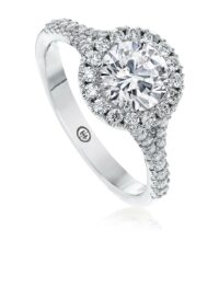 Classic halo engagement ring setting with diamond set split band