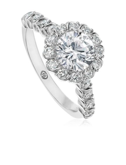 Classic round diamond engagement ring setting with halo and diamond band