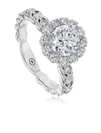 Unique halo diamond engagement ring setting with round diamond band