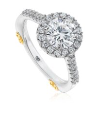Halo engagement ring setting with round diamond band and yellow gold accents