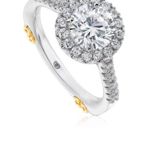 Halo Engagement Ring Setting with Round Diamond Band and Yellow Gold Accents