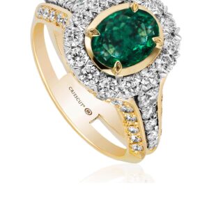 Oval Cut Emerald Halo Engagement Ring in White Gold and Yellow Gold