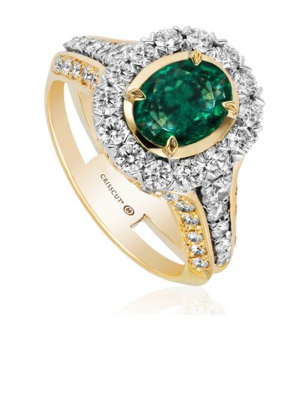 Oval cut emerald halo engagement ring in white gold and yellow gold