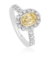Simple yellow diamond oval engagement ring with halo and diamond band