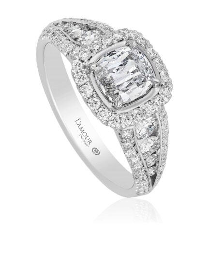 Cushion cut diamond engagement ring with 3 row diamond band and halo