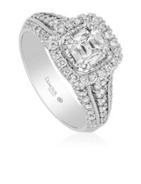 Elegant cushion cut halo engagement ring with 3 row diamond band
