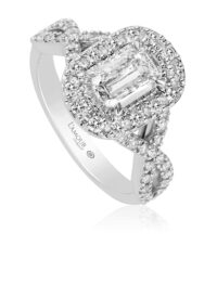 Traditional halo engagement ring with pave set diamond twist band