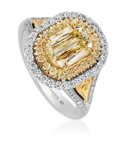 Yellow diamond engagement ring with yellow and white gold double halo