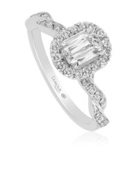 Simple halo engagement ring with diamond set twist band