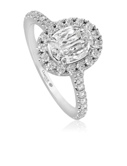 Classic oval diamond engagement ring with pave set diamond band and halo