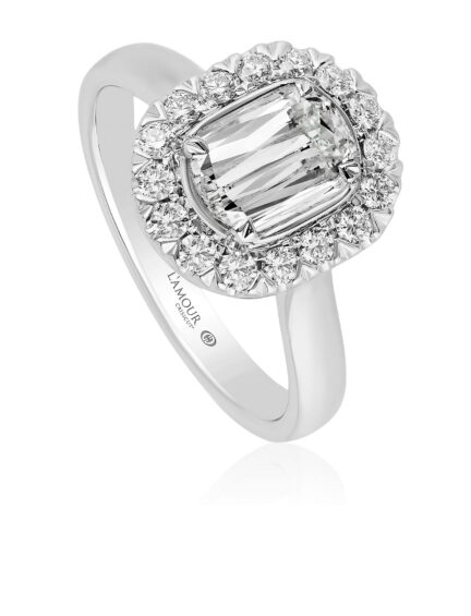 Simple halo engagement ring in white gold