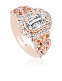 Unique rose gold engagement ring with halo and diamond design band