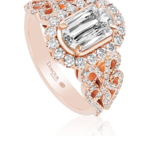Unique Rose Gold Engagement Ring with Halo and Diamond Design Band
