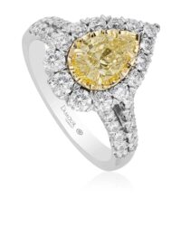 Yellow diamond pear shaped engagement ring with halo and diamond set split shank