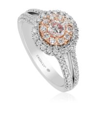 Pink diamond engagement ring with double halo in rose gold and white gold